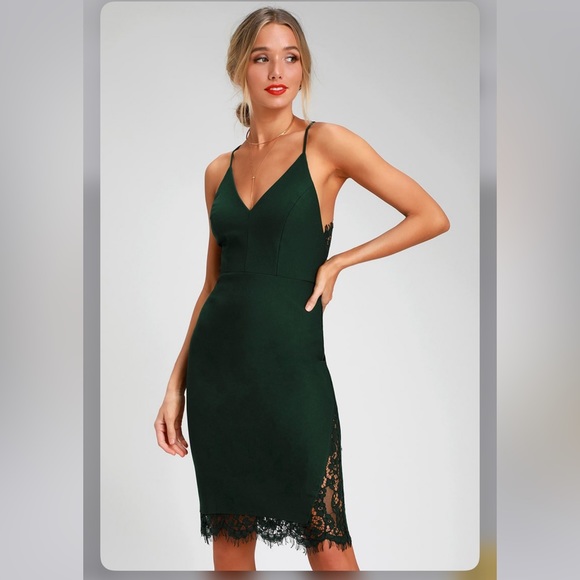 S - Lulu’s Only Want You Forest Green Lace Bodycon Midi Dress - Picture 8 of 9